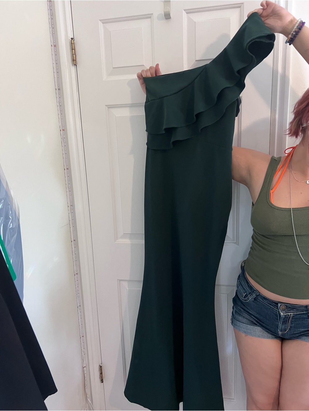 Lulu's Dark Green One-Shoulder Ruffle Maxi Dress - Picture 2 of 7